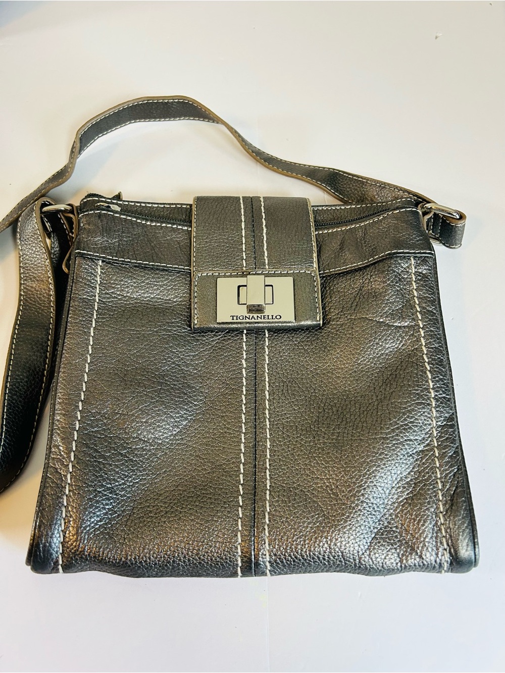 Tignanello Metallic Leather Crossbody with contrasting Stitching
